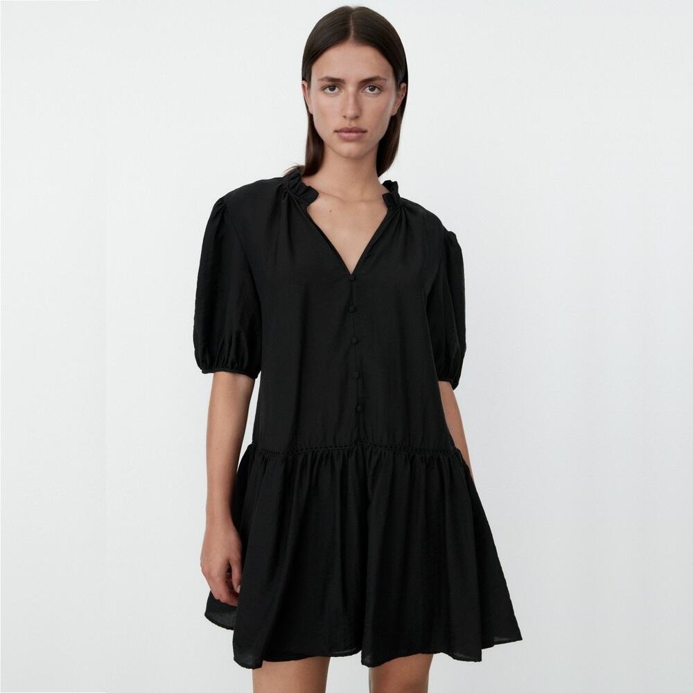 Zara Black Tiered Mini Dress with Puff Sleeves